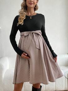 SHEIN Maternity Stylish Patchwork Long Sleeve Dress - Multicolor - View 1