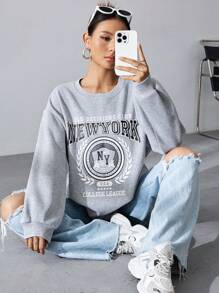 SHEIN Unity 女款字母印花落肩套頭衫 - 灰色 - 查看 1