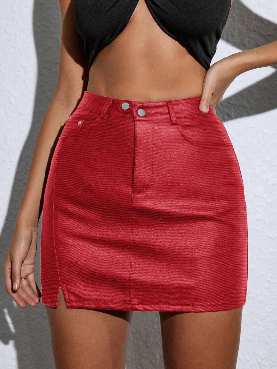 Rave High Waist Slant Pocket Split Hem PU Leather Bodycon Mini Skirt - Red - View 1