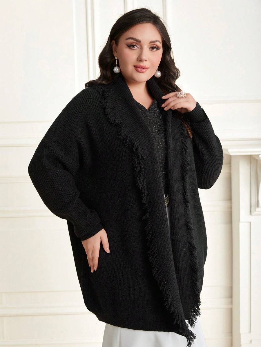 Mulvari Cárdigan de talla grande con hombros caídos y flecos - Negro - Ver 1