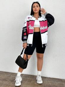 SHEIN EZwear Kích thước lớn In thư Sọc Áo khoác bóng chày - Màu Hồng Tươi - Xem 6
