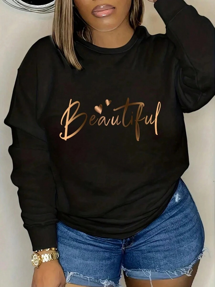 INAWLY Của phụ nữ Thả vai Áo nỉ Với In thư - màu đen - Xem 1