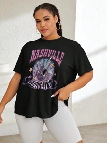 SHEIN EZwear 大尺碼字母印花t恤 - 黑色 - 查看 4