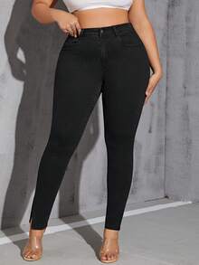 SHEIN SXY Kích thước lớn Eo cao Quần jean ôm Với Viền mép - màu đen - Xem 4