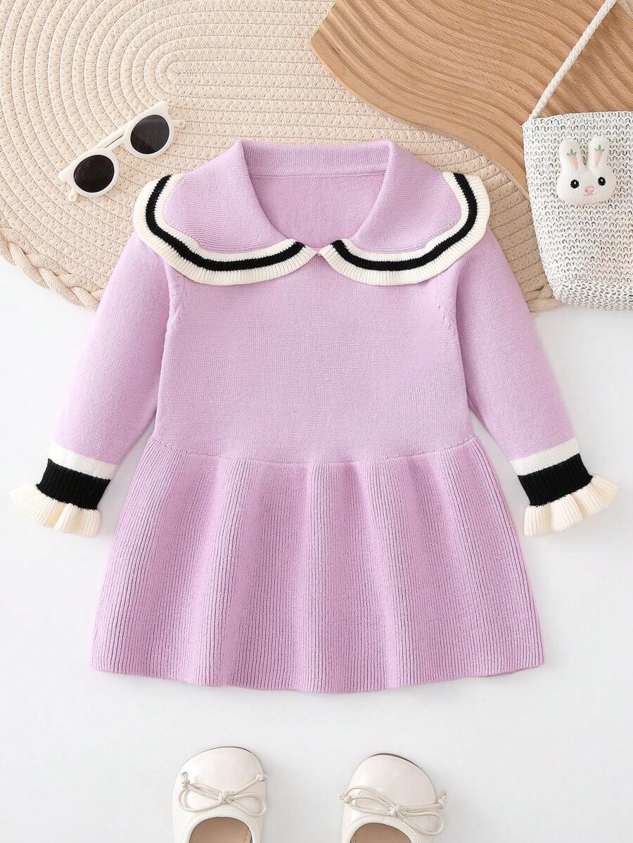 寶寶女孩新款針織毛衣裙,秋冬季節適用 - 紫色 - 查看 1