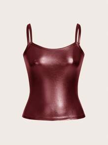 SHEIN ICON 酒紅色人造皮彈性女士背心 - 酒紅色 - 查看 1