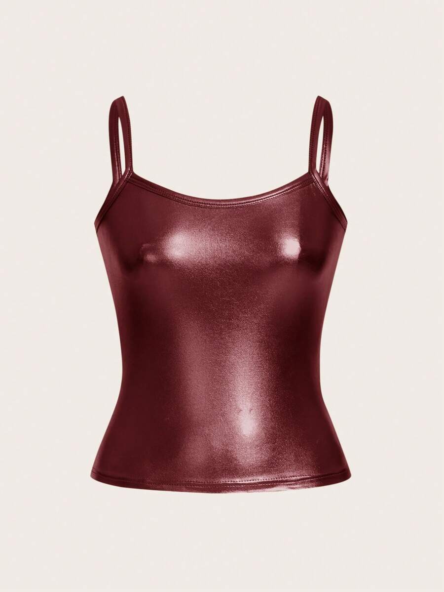 SHEIN ICON 酒紅色人造皮彈性女士背心 - 酒紅色 - 查看 1