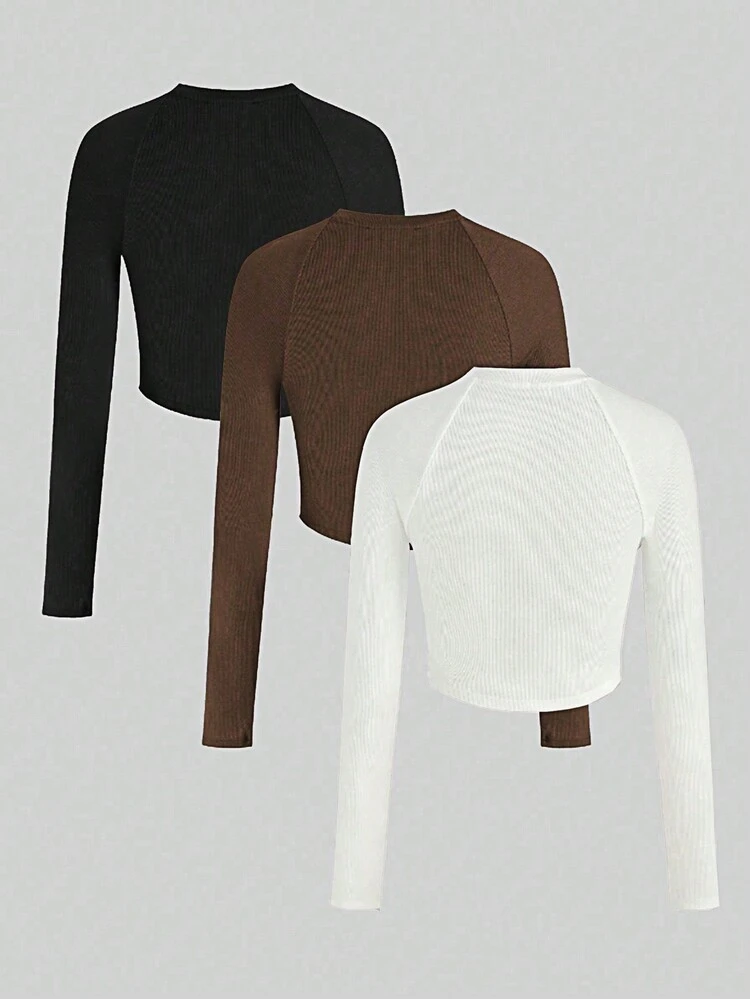 3pcs Solid Raglan Sleeve Ruched Tee Fall Cloth For Women