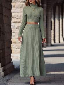 SHEIN Privé Turtleneck  Cropped Top & High Waisted A-Line Maxi Skirt Set - Green - View 4
