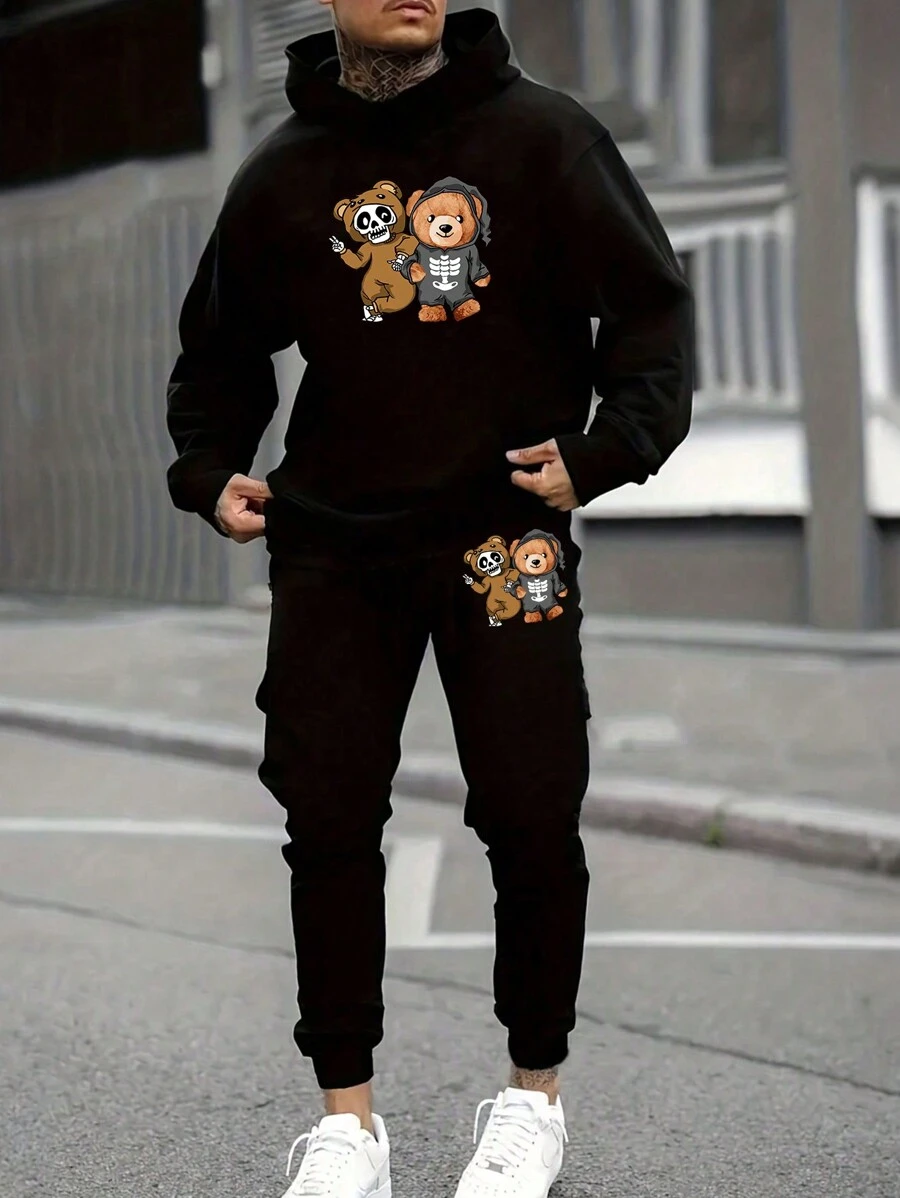 GENTILAND Men's Bear Print Hooded Sweatshirt And Sweatpants Two-piece Set - Black - View 1