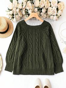 Calvaya Women's Plus Size Round Neck Cable Knit Raglan Sleeve Sweater, Winter Knit Pullover Fall Outfit