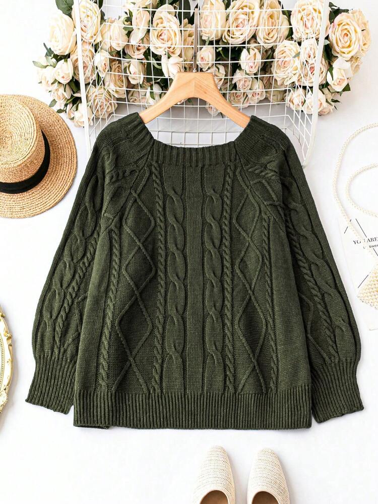 Women's Plus Size Round Neck Cable Knit Raglan Sleeve Sweater, Winter Knit Pullover Fall Sweater