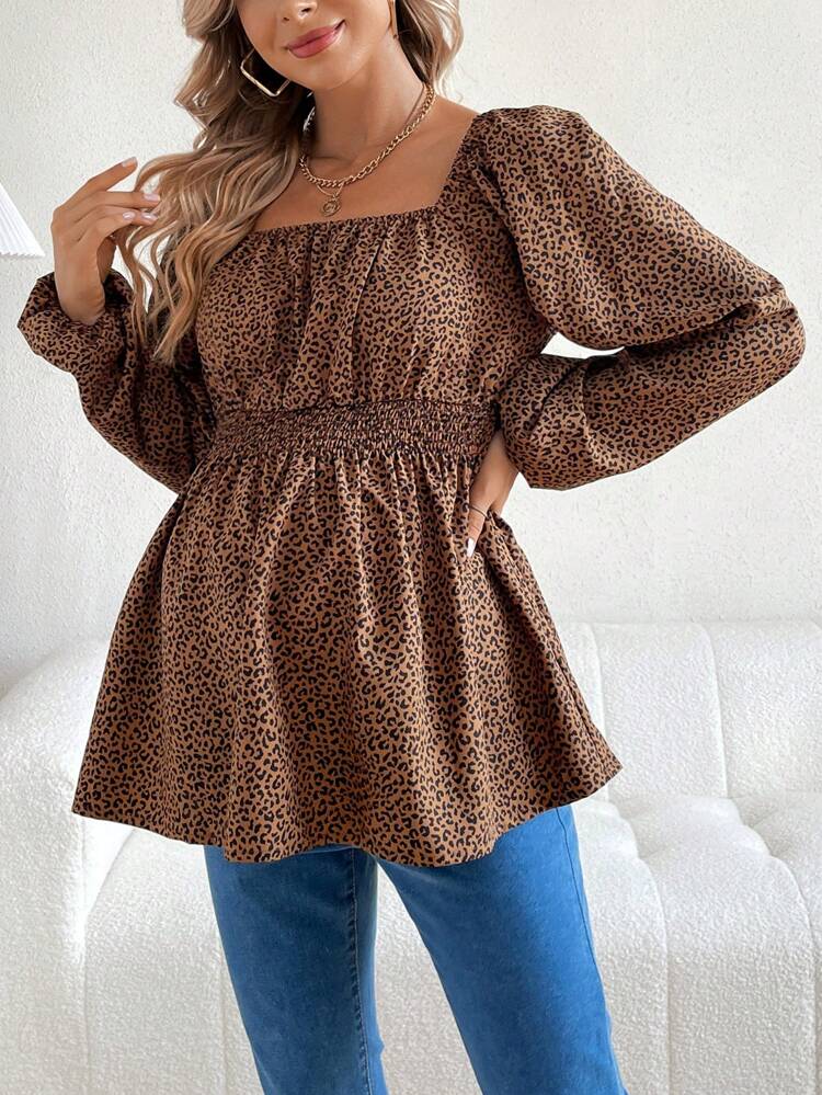 Women’s Maternity Wrap Leopard Print Square Neckline Flare Sleeve Waist Tie Shirt