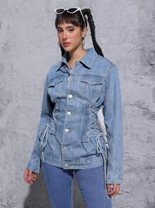 SHEIN EZwear Chaqueta De Mezclilla Para Mujer Con Cintura Ajustada Con Cordones En El Costado - Azul lavado medio - Ver 5