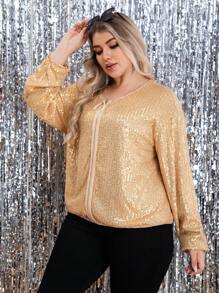 Allurite Plus Size Women's Sequined Jacket - Champagne - View 6