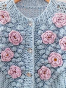 SHEIN LUNE Hoa nổi Nút phía trước Áo len Mở - Màu xanh lam - Xem 3