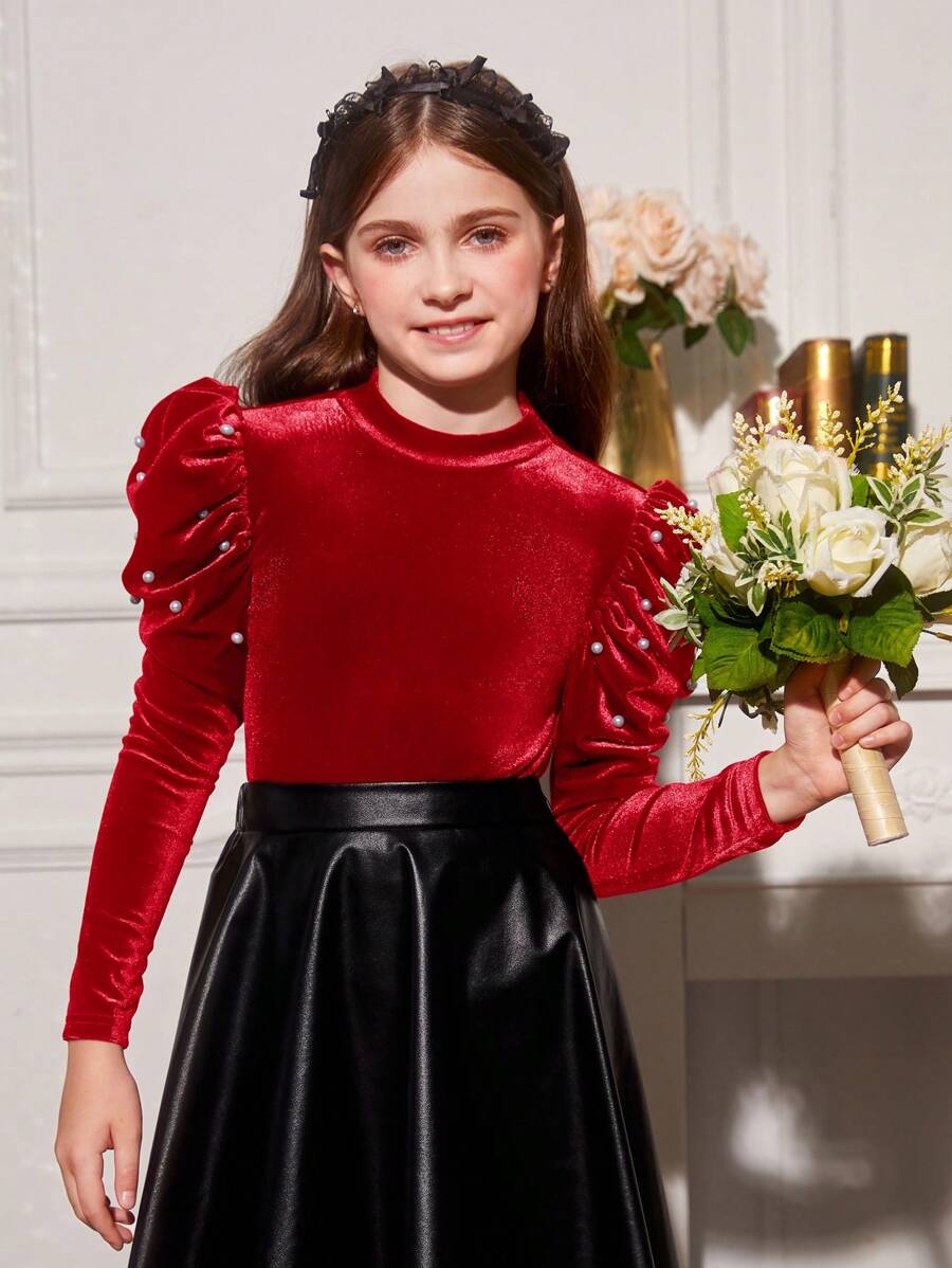 SHEIN Cô gái Tween Ngọc trai đính cườm Tay áo Nhung Áo - Đỏ - Xem 1