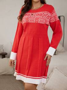 SHEIN LUNE Plus Size Women's Color Block Geometric Pattern Sweater Dress - Red and White - View 5