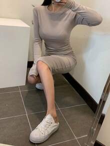 DAZY Đầm ôm dáng dài tay xếp ly thời trang dành cho nữ - Màu Khaki - Xem 8