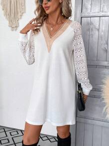 SHEIN LUNE Damski Dekolt w kształcie litery V Sznurówka Patchwork Sukienki