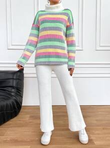 EURMUSE Ladies' Colorful Striped High Neck Sweater And Knitted Pants Set - Multicolor - View 6