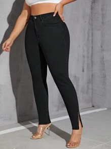 SHEIN SXY Kích thước lớn Eo cao Quần jean ôm Với Viền mép - màu đen - Xem 3