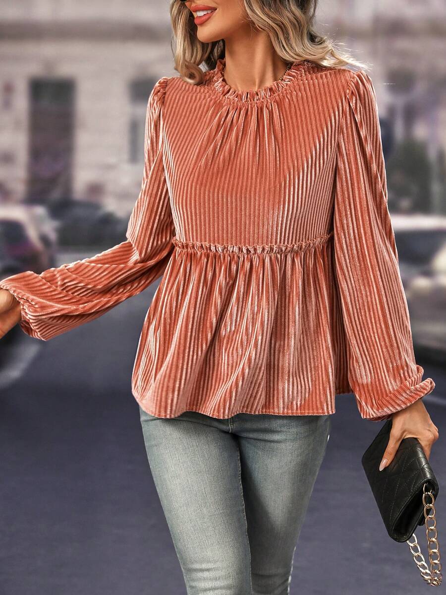 SHEIN LUNE 女性燈籠袖襯衫帶荷葉邊 - 藕粉色 - 查看 1