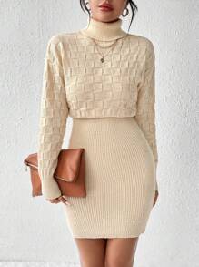 SHEIN Frenchy 格紋紋理拼接修身針織毛衣裙 - 杏色 - 查看 3