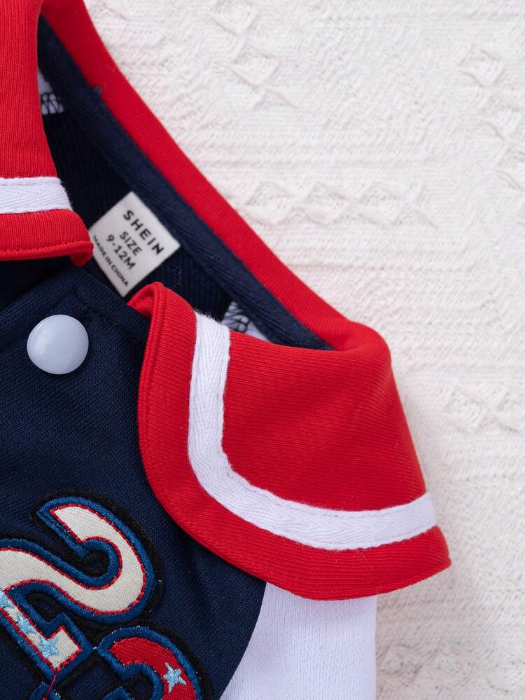 Boys' Digital Number Printed Long-sleeved Color-blocking Cardigan And Pants Set With Buttons