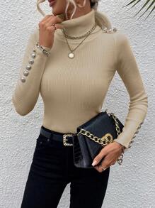 SHEIN LUNE Của phụ nữ Cổ cao Áo len Áo chui đầu - Màu be - Xem 1