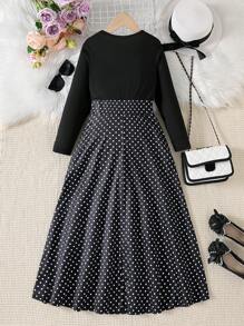 SHEIN Áo dài chấm bi cổ tròn tay dài thanh lịch & trí tuệ cho cô gái tuổi teen mùa Xuân/Thu - Đen và trắng - Xem 2