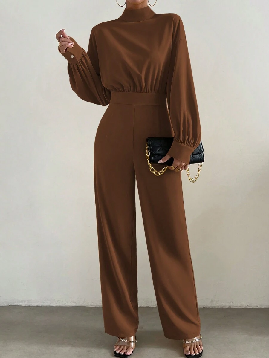 SHEIN Privé 女款高領純色連身褲 - 咖啡棕 - 查看 1