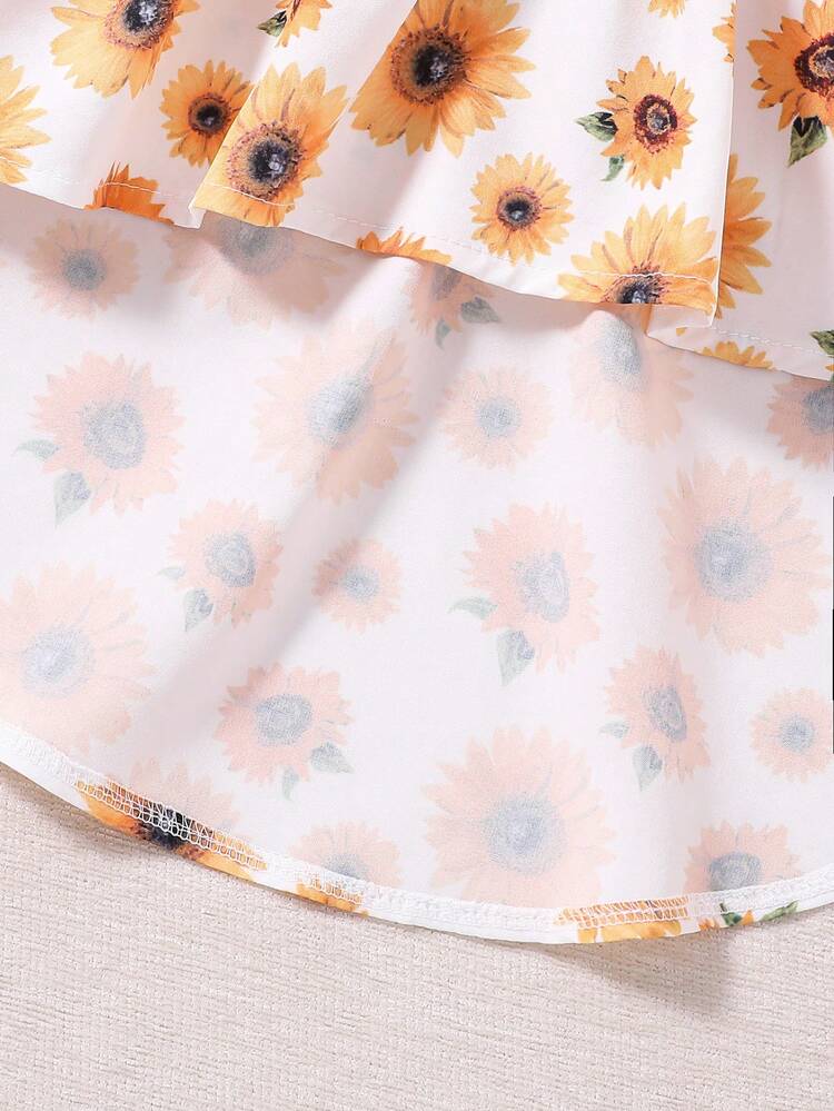 Girls Cross Shoulder Straps Sunflower Print Short Front And Long Back Suspenders Denim Effect Shorts Suit Spring And Summer