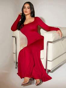 SHEIN SXY 女士修身長袖魚尾搖搖裙 - 紅色 - 查看 6