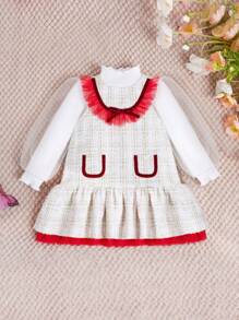 SHEIN Baby Girl Mock Neck Tee & Plaid Ruffle Trim Dress - Apricot - View 1