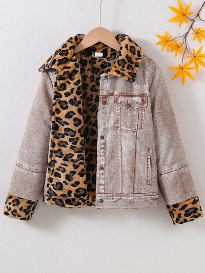 Tween Girl Casual Shirt Collar Contrast Leopard Print Jacket With Added Thermal Lined , Medium Thickness
