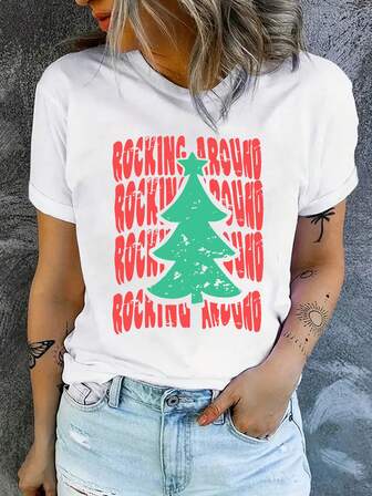 Women's Letter & Christmas Tree Print Round Neck Short Sleeve Casual T-Shirt
