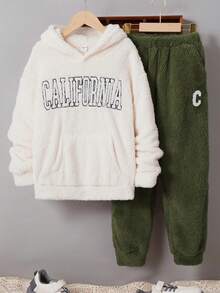 SHEIN Tween Boy Casual Letter Embroidered Hooded Pullover Top, Solid Color Bottoms, Plush Two-Piece Set - Army Green - View 6