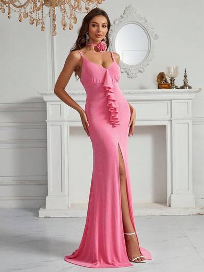 Vestido De Noche De Tiras Con Abertura Alta Y Volantes Para Mujer (estilo De Industria Pesada)