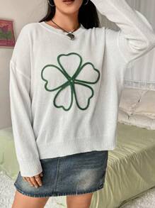 Flirla Plus Size Stylish Floral Embroidery Round Neck Sweater