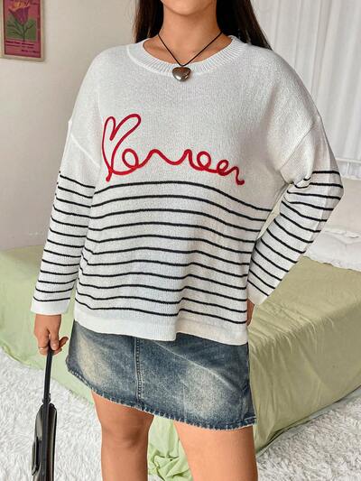 Plus Size Fashionable Embroidery Contrast Color Round Neck Sweater Knit Pullover Fall Winter Sweater