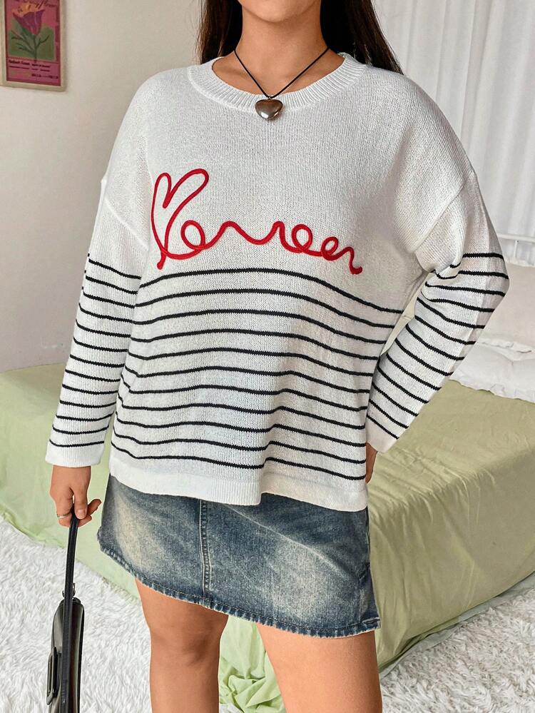 Plus Size Fashionable Embroidery Contrast Color Round Neck Sweater Knit Pullover Fall Winter Sweater