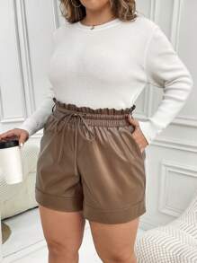 SHEIN LUNE Kích thước lớn Của phụ nữ Ren Eo Quần short dây kéo - màu nâu - Xem 3