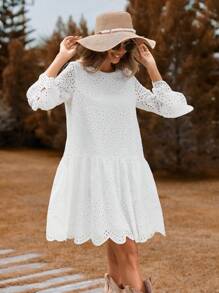 SHEIN VCAY Lỗ gắn thêu tay áo lá sen Xù Hoa Sen Váy Smock - trắng - Xem 5