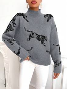 SHEIN Essnce Suéter De Patrón Animal Con Cuello De Soporte Y Mangas De Caída En Hombros