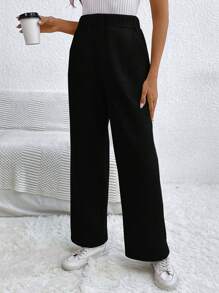 SHEIN Essnce 纯色保暖内衬运动裤 - 黑色 - 查看 6