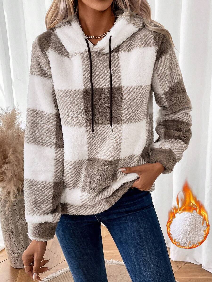 SHEIN LUNE In kẻ sọc Buffalo Túi kangaroo Dây rút Teddy Hoodie - Màu Khaki - Xem 1