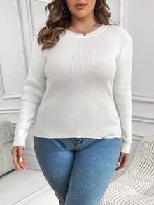 SHEIN LUNE Suéter De Color Liso De Talla Grande - Blanco - Ver 4