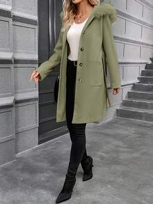 SHEIN Frenchy 女士单排扣双口袋连帽大衣