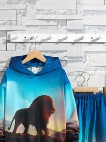 SHEIN Tween Boys' Casual Animal Printed Hooded Sweatshirt And Drawstring Knitted Pants Set - Blue - View 3